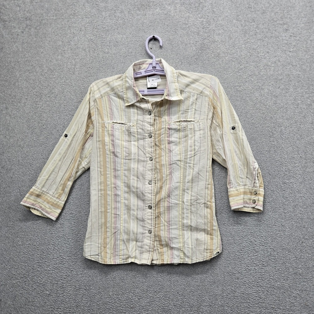 The North Face Women Button Up Shirt M Cream Striped Western Collared Pearl Snap
